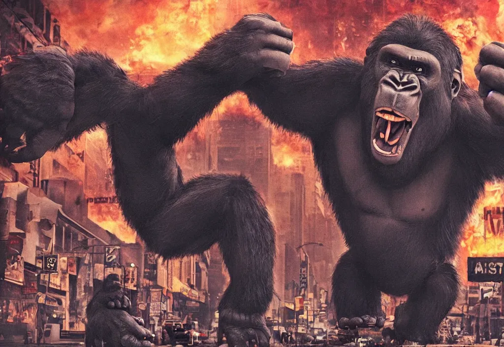 Image similar to An king Kong rage on street, Hollywood scene , cinematic , full color