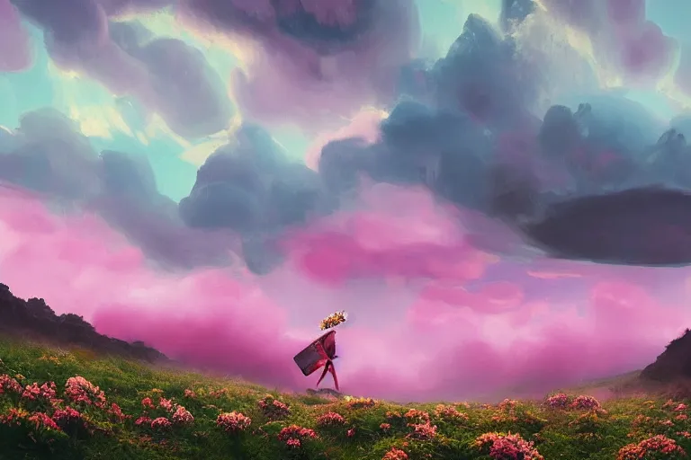 Image similar to giant dahlia flower crown under head, girl walking on mountain, surreal photography, pink storm clouds, dramatic light, impressionist painting, digital painting, artstation, simon stalenhag