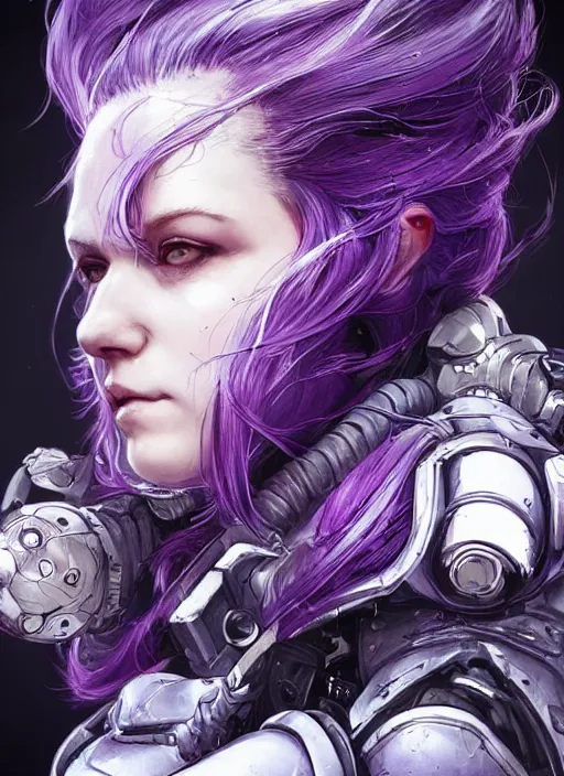 Image similar to close up portrait of a pale woman in sci - fi power armor with purple hair, powerful, domineering, stoic, masterful, intense, ultrafine hyperdetailed illustration by kim jung gi, irakli nadar, intricate linework, sharp focus, octopath traveler, yoji shinkawa, highly rendered, detailed, concept art