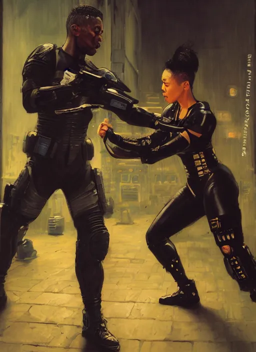 Image similar to black chun li teaching martial arts. cyberpunk police trooper in a military vest ( blade runner 2 0 4 9, cyberpunk 2 0 7 7 ). orientalist portrait by john william waterhouse and james gurney and theodore ralli and nasreddine dinet, oil on canvas. cinematic, hyper realism, realistic proportions, dramatic lighting, high detail 4 k