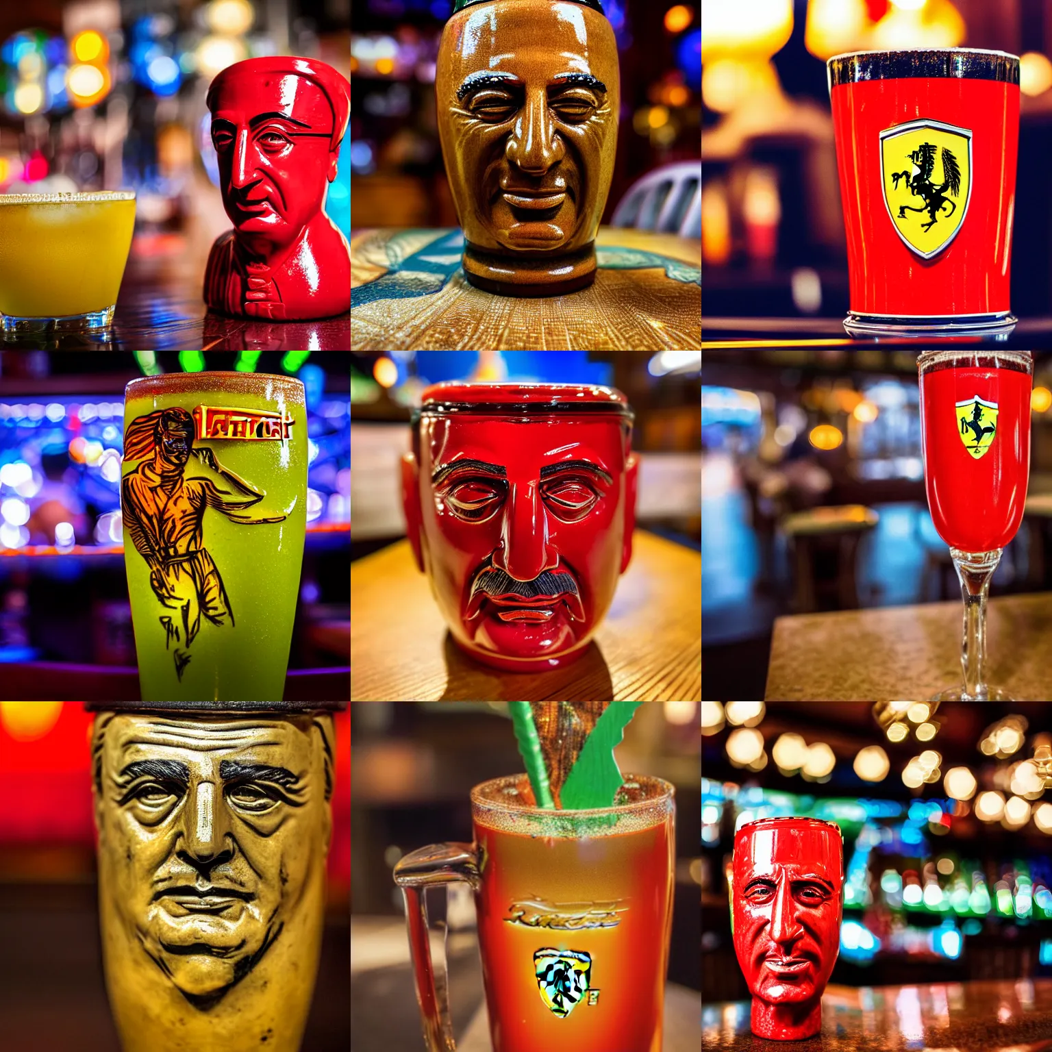 Image similar to a closeup photorealistic photograph of a glossy ferrari themed tiki mug at at a trader vic's bar featuring the face of young enzo ferrari. party. tiki theme. bright scene. fine detail. this 4 k hd image is trending on artstation, featured on behance, well - rendered, extra crisp, features intricate detail, epic composition and the style of unreal engine.