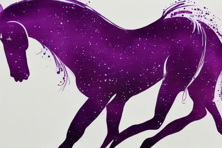 Image similar to bautiful serene horse, healing through motion, minimalistic purpble ink aribrush painting on white background