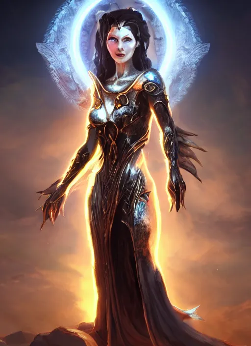 Prompt: evil goddess with halo, ultra detailed fantasy, elden ring, realistic, dnd character portrait, full body, dnd, rpg, lotr game design fanart by concept art, behance hd, artstation, deviantart, global illumination radiating a glowing aura global illumination ray tracing hdr render in unreal engine 5