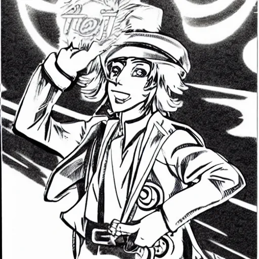 Image similar to Johnny Joestar from JoJo's Bizarre Adventure shooting the infinite spin at Colonel Sanders from KFC, drawn by Hirohito Araki, manga