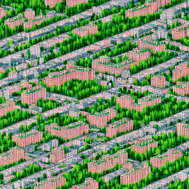 Prompt: Bird-eye view of soviet town, infinitely long soviet-era panel-buildings, infinitely street with a perfect green lawn. High detail, details, 105mm, symmetric, symmetrical, cinematic