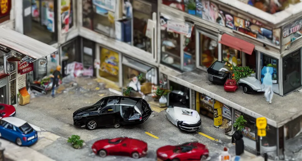 Prompt: poorly made diorama scene of a car that crashed through a convienience store from the outside, tilt shift focus