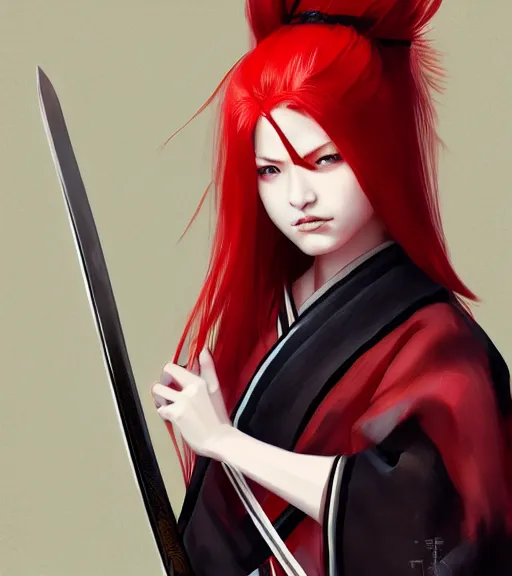 Image similar to a girl with red hair holding a katana, samurai outfit, japanese clothes, ponytail, action shot, highly detailed, digital painting, artstation, concept art, smooth, sharp focus, illustration