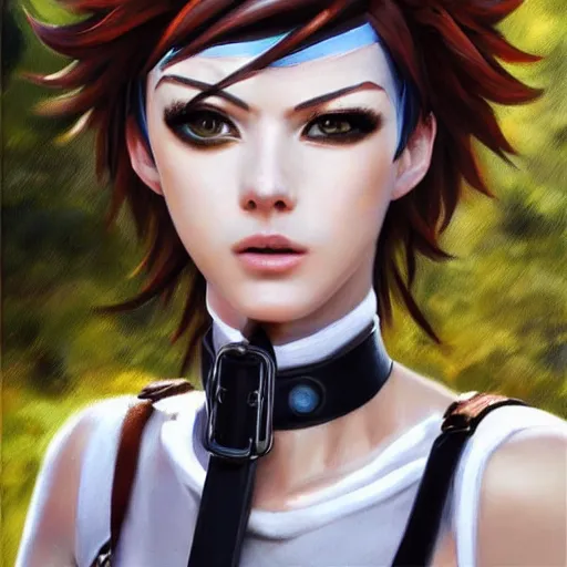 Image similar to oil painting of tracer overwatch in a field wearing very large leather belt choker collar around neck, in style of mark arian, expressive face, very detailed face, very detailed eyes, full body, feminine face, tracer overwatch,