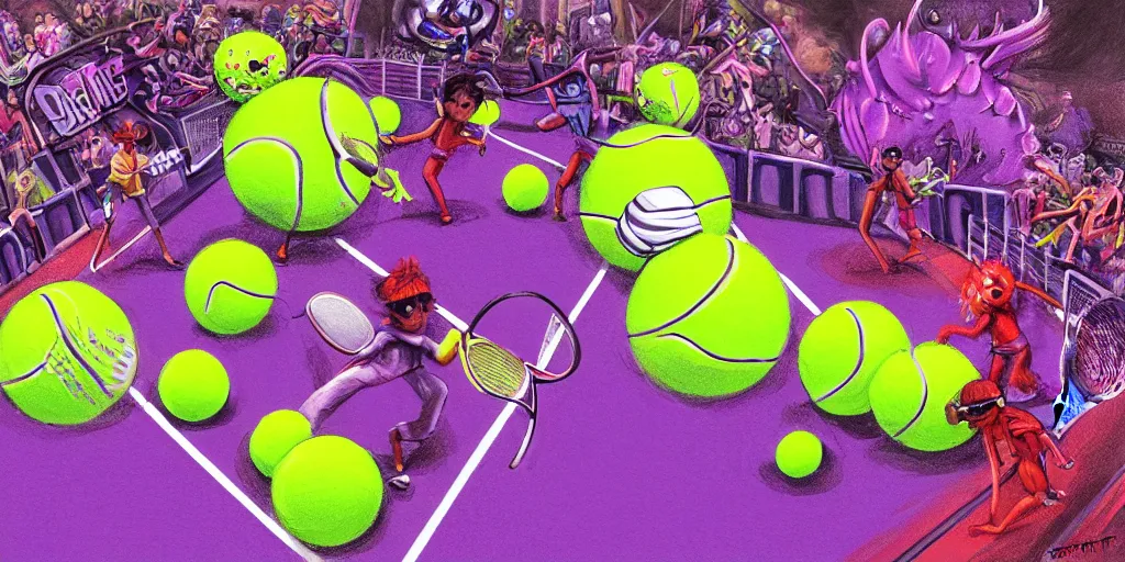 Image similar to tennis ball monsters playing on a tennis court, purple, digital art, fantasy, magic, chalk, chalked, trending on artstation, ultra detailed, detailed, fine details, professional illustration by basil gogos