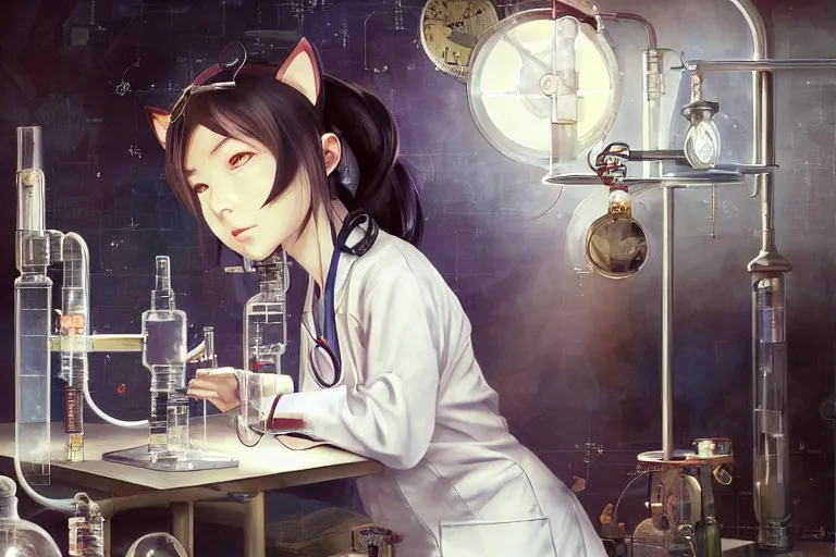 Prompt: neko woman scientist with cat ears wearing a lab coat looking at a measuring device on a table, highly detailed illustration, digital art, 4 k, by yoshitaka amano, by greg rutkowski, by dan mumford, beautiful face, warm lighting, atmoshpheric, trending on artstation, oil painting