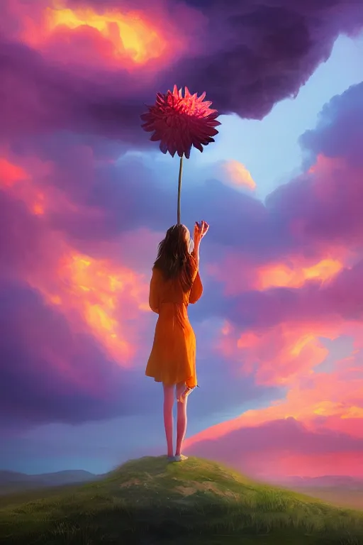 Image similar to closeup giant dahlia flower over head, girl standing on mountain, surreal photography, blue storm clouds, dramatic light, impressionist painting, digital painting, artstation, simon stalenhag