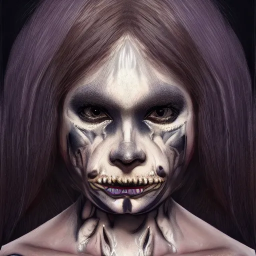 Image similar to A very detailed horrifying portrait painting of the princess of darkness, inverted skin colors, occult, 8k, trending on artstation cgsociety, masterpiece, in the style of DiscoDiffusion.