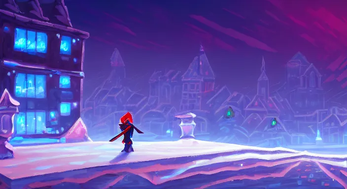 Image similar to beauiful background painting of an ice level of a 2 d sidescroller game, a city full of light in the distance, night time, video game art, pixel art, concept art, vivid and romantic, impressionism, ultra detailed, cool lighting, trending on artstation