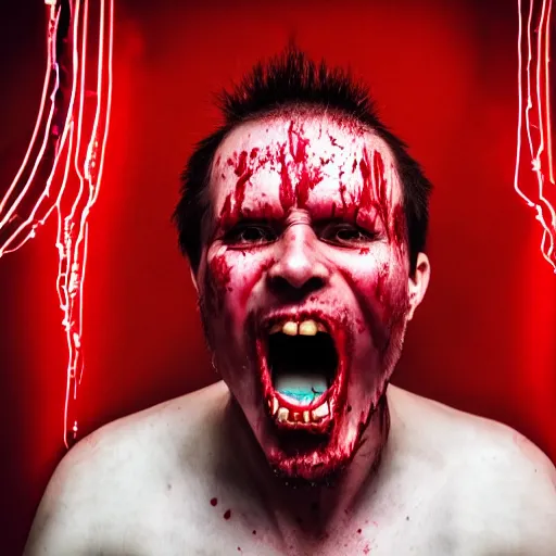 Prompt: portrait of a cybernetic madman, blood flowing from eyes, screaming directly at camera, portrait photography, 4k, cyberpunk, 50mm lens,