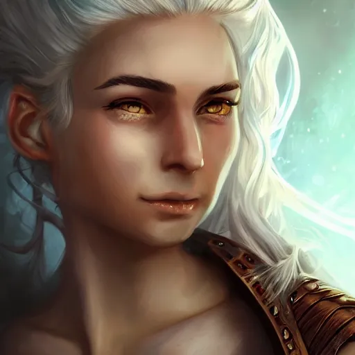 Image similar to fantasy portrait of a female human adventurer with white skin, white hair, white eyes without pupils, slightly - pointed ears, short wavy hair, eyebrow scar, trending on artstation, gentle smile, friendly, glowing, 4 5 angle, warm and welcoming