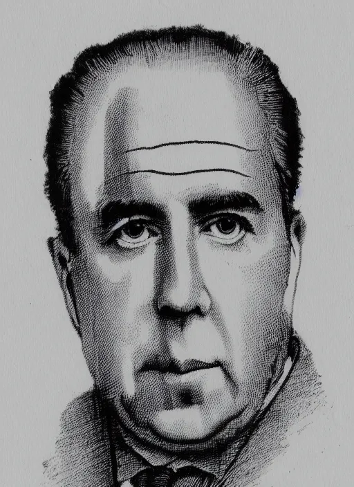 Image similar to portrait of niels bohr, penned with black ink, smooth lines, stipples, smooth, on white