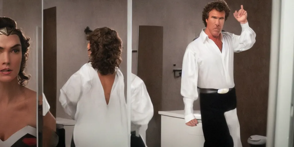 Prompt: ultra wide angle photo of will ferrel dressed in a white blouse and black dress pants looking at himself in a bathroom mirror and seeing his reflection as wonder woman