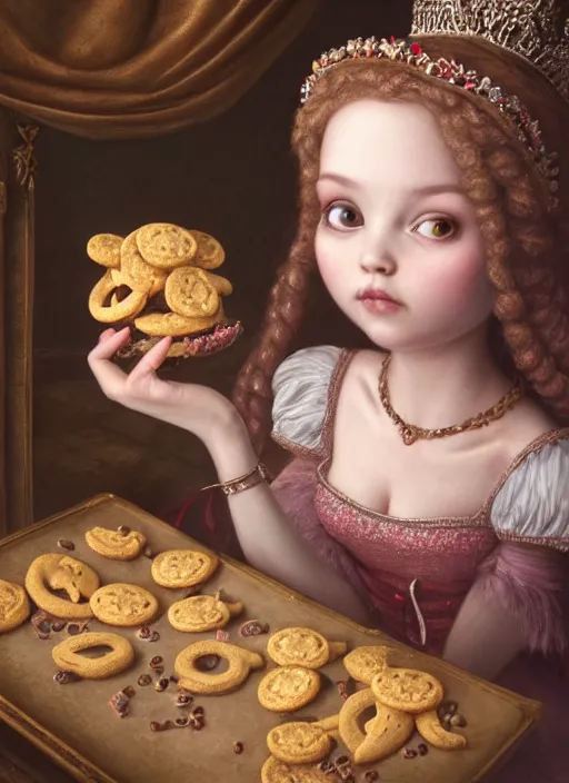 Image similar to highly detailed closeup portrait of a fairytale medieval princess eating cookies, unreal engine, nicoletta ceccoli, mark ryden, lostfish, earl norem, global illumination, god rays, detailed and intricate environment