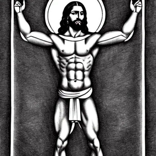 Prompt: muscular gigachad benediction, gigachad jesus, pointing to heaven, pencil art, holy iconography