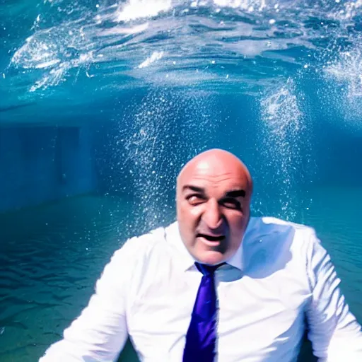 Image similar to kevin o'leary swimming inside the ocean, like a shark, taken by a gopro