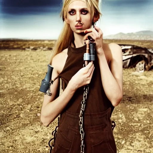 Prompt: a skinny female high-fantasy elf with a long face narrow chin and short spiky blonde hair wearing dark brown overalls and holding a bomb next to a destroyed car, gel spiked blond hair, narrow lips, high resolution film still, HDR color, photograph by Mario Testino