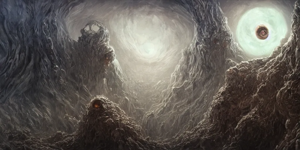 Prompt: concept art of giant golem, lovecraftian, renaissance, roaring, melting horror, round moon, rich clouds, fighting the horrors of the unknown, mirrors, very detailed, volumetric light, mist, grim, fine art, decaying, textured oil over canvas, epic fantasy art, very colorful, ornate scales, anato finnstark