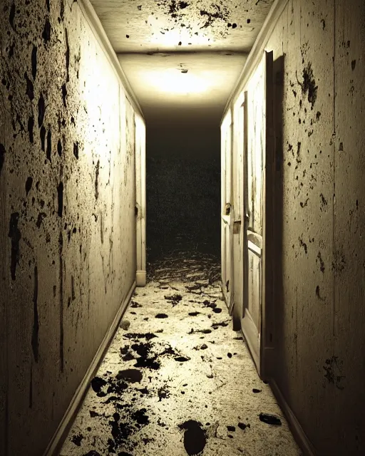 Image similar to Resident Evil 7, American gothic interior, mold growing on walls, wooden floor, atmospheric, nighttime scene, photorealistic narrow hallway with broken windows, horror