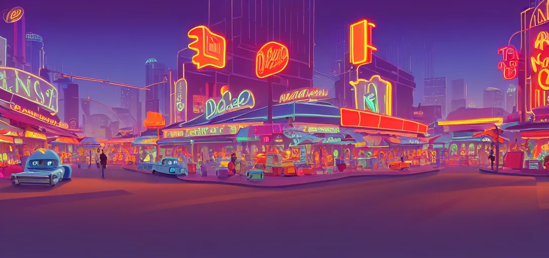 Prompt: futuristic main street los angeles cityscape with markets and shops and neon signs and terraces, visual development by lou romano, evening at dusk, pixar, disney, stylised, dynamic lighting, octane