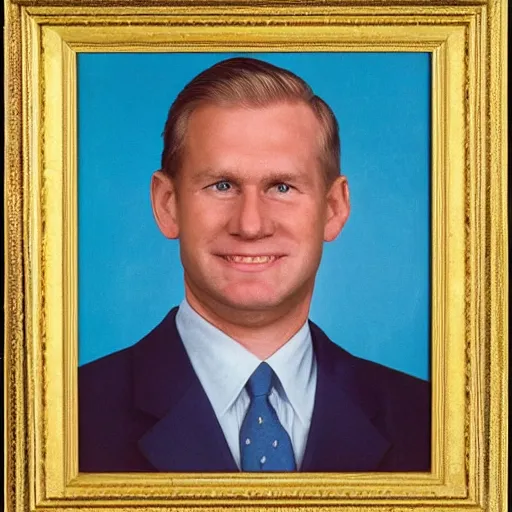 Image similar to official portrait of the united states president, 1994. He is a 35 year old white man from Texas with blond hair and a scar on his cheek.