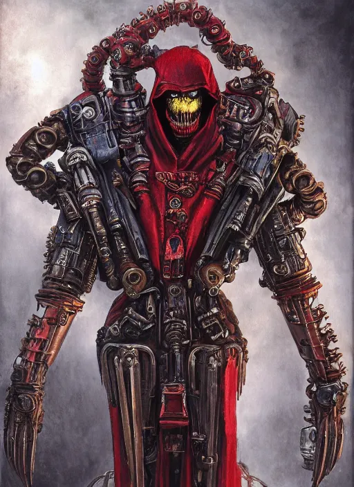 Image similar to portrait of rotten Nicolas Cage as adeptus mechanicus in red hood and robe from Warhammer 40000, mechanical tentacles. Highly detailed, artstation, illustration by and John Blanche and zdislav beksinski and wayne barlowe