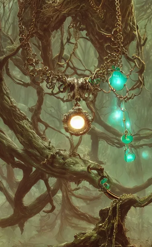 Image similar to a close view of a necklace with a small green crystal pulsing light, wooden forest, cloth accessories, front game card, drark, marvel comics, dark, intricate, highly detailed, smooth, artstation, digital illustration by ruan jia and mandy jurgens and artgerm and wayne barlowe and greg rutkowski and zdislav beksinski