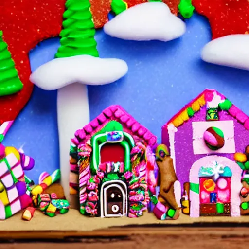 Prompt: Village made of candy with gingerbread people and with pink cotton candy clouds in the sky realistic