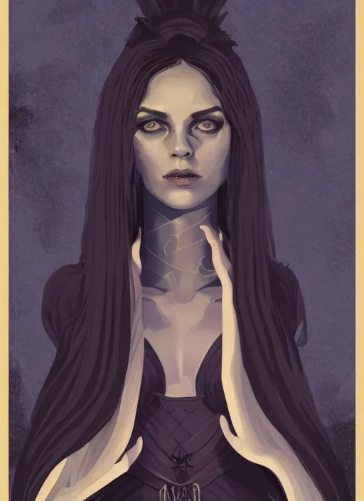 Prompt: tarot!!, high priestess, no noise, elegant, concept art, sharp focus, beautiful face!!, digital art, smooth defined outlines!!, human anatomy, human structure, vector background, dark fantasy, midnight blue, muted violet, by Brom, trending on Artstation, Tom Bagshaw, Sargent