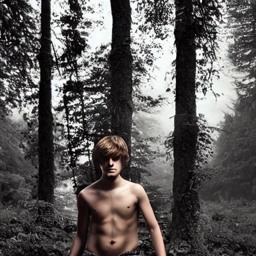 Image similar to a teenage boy, around 1 6 yo. iron necklace and sandals. natural brown hair. loincloth, pale skin. detailed face. ominous and eerie looking forest in background. natural colors. hyperrealistic photo.