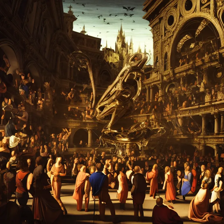 Image similar to crowd of medieval people surrounding crashed UFO ribbed spaceship, dream-like atmosphere, baroque landscape painting, perfect portrait composition, beautiful detailed intricate insanely detailed octane render trending on Artstation, 8K artistic photography, photorealistic, soft natural volumetric cinematic perfect light, chiaroscuro, award-winning photograph, masterpiece, Raphael, Caravaggio, Greg Rutkowski, Beeple