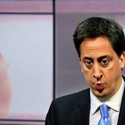 Prompt: Ed Miliband smelling sandwich on his face. Unpleasant aroma. Photo courtesy of BBC