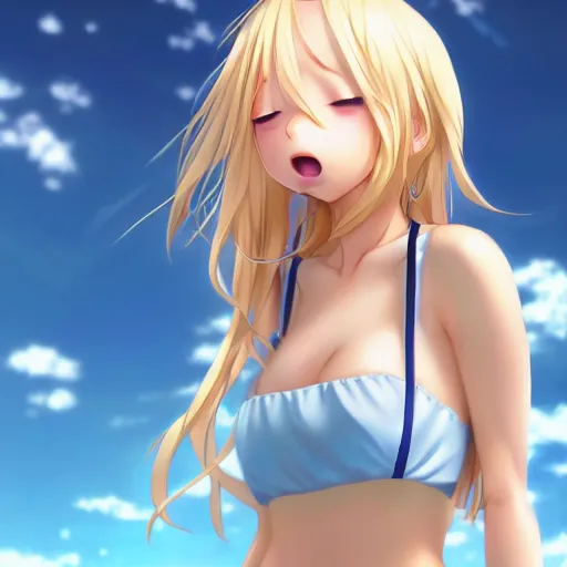 Image similar to a very beautiful young anime giantess fcrying, full body, long wavy blond hair, sky blue eyes, full round face,, bikini, miniskirt, front view, mid - shot, highly detailed, cinematic wallpaper by stanley artgerm lau
