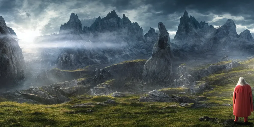 Image similar to a beautiful wide shot of donald trump in gandalf's robes facing the camera, the panorama of middle earth in the background, intricate detail, god rays, photography, volumetric light, cinematic, 8 k