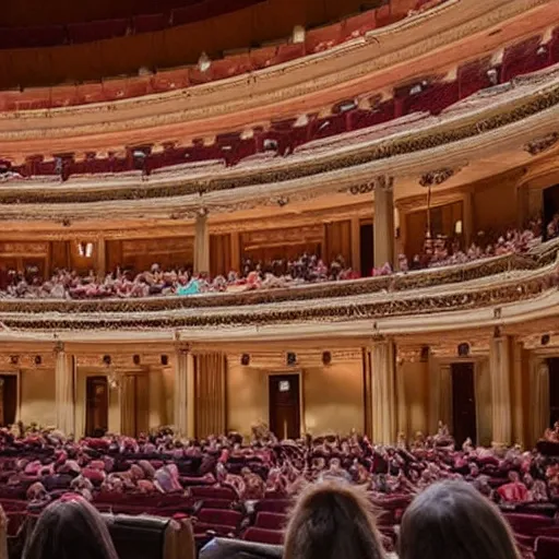 Prompt: opera house filled with audience watching an opera of a sad cat alone on the stage