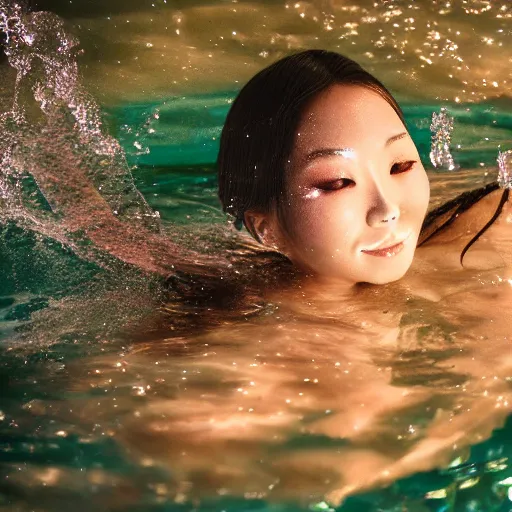 Image similar to beautiful japanese biomecanic mermaid in emotional movement, underwater photography and light scattering, water refractions turned out impressive imho,