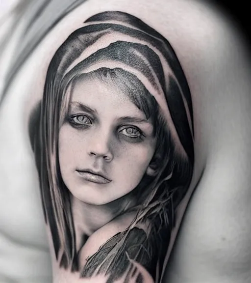 Image similar to a beautiful girl portrait, faded mountain background, realism tattoo, in the style of den yakovlev, black and white, hyper realistic, highly detailed