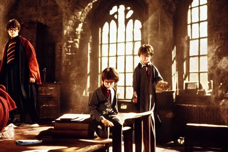 Prompt: promotional image of Harry Potter and the Philosopher's Stone (2001 film) focused on a dusty room containing the Mirror of Erised, movie still, promotional image, imax 70 mm footage