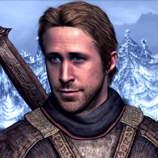 Prompt: screenshot of Ryan Gosling as a bard in Skyrim