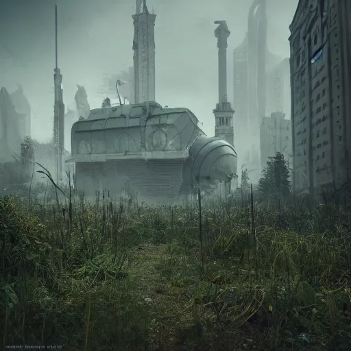 Prompt: post-apocalyptic overgrown moscow after losing the war, digital art, octane render, beautiful composition, trending on artstation, masterpiece