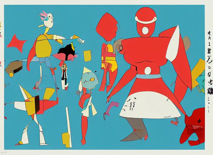 Prompt: character shape design exploration of a strong sturdy warrior minimalist mixed media layout from masaaki yuasa ( 1 9 9 7 )