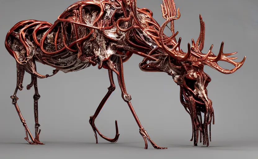 Image similar to stylized shiny polished silver statue full body bizarre cosmic horror quadruped animal moose deer skull four legs made of slug creature tendrils, perfect symmetrical body, perfect symmetrical face, hyper realistic, hyper detailed, by johannen voss, by michelangelo, octane render, blender, 8 k, displayed in pure white studio room anatomical deep red arteries veins flesh