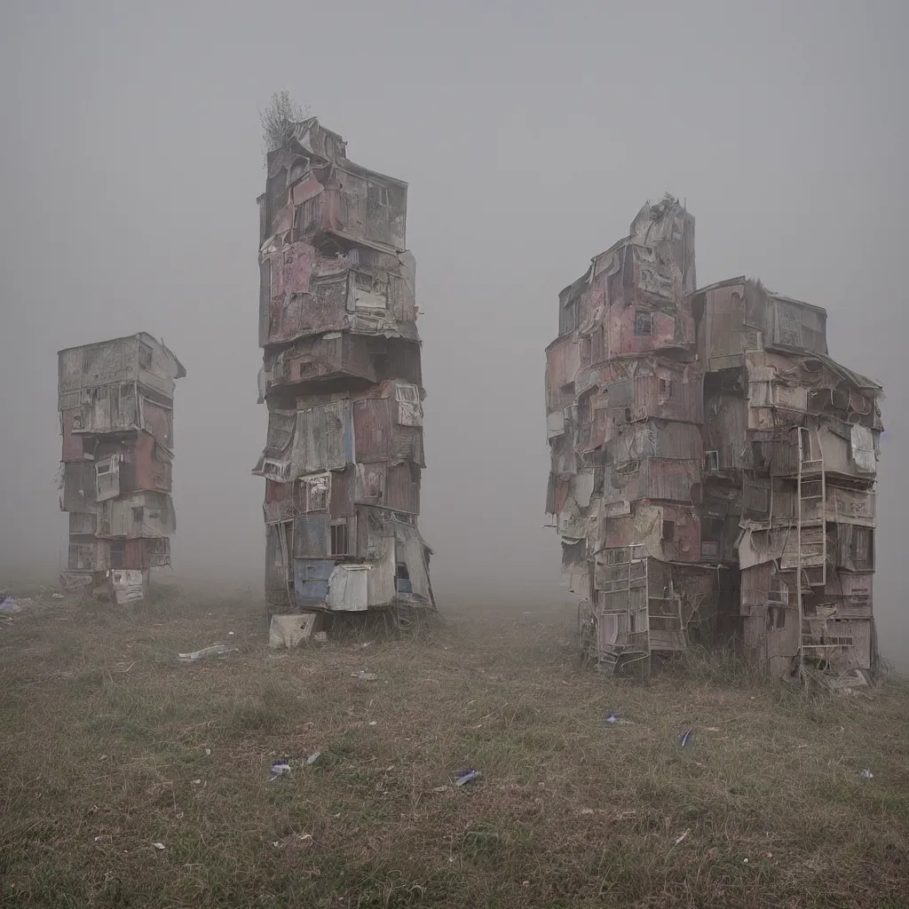 Image similar to two towers, made up of makeshift squatter shacks with pastel colours, uneven dense fog, dystopia, mamiya, f 1 1, fully frontal view, photographed by jeanette hagglund