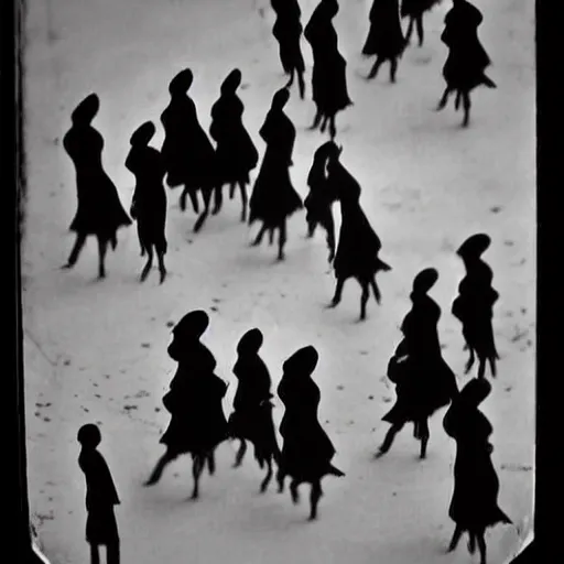 Image similar to la marche harmonique, dakr abstract blurry black and white disturbing old photograph full of mysterious black silhouettes, tim burton
