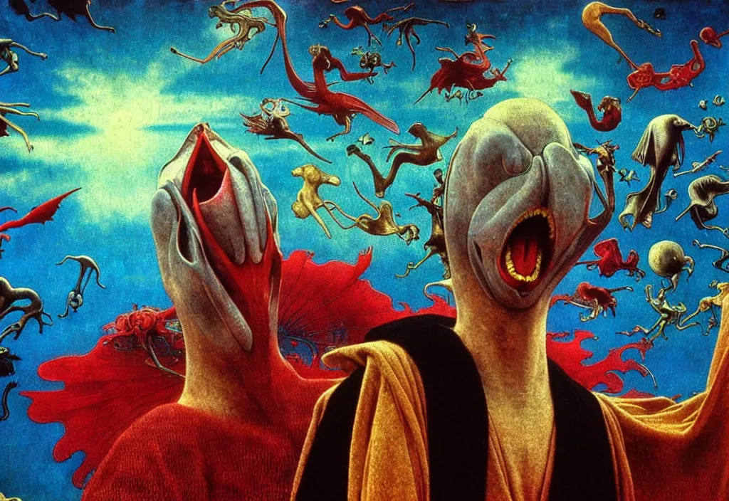 Image similar to realistic detailed portrait movie shot of a screaming birdman wearing black robes, sci fi city landscape background by denis villeneuve, amano, yves tanguy, alphonse mucha, ernst haeckel, max ernst, roger dean, hieronymus bosch, masterpiece, rich moody colours, dog teeth, blue eyes