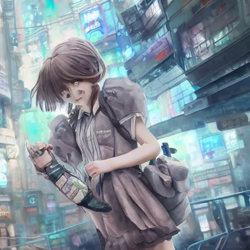 Image similar to dynamic composition, motion, ultra-detailed, incredibly detailed, a lot of details, amazing fine details and brush strokes, colorful and grayish palette, smooth, HD semirealistic anime CG concept art digital painting, watercolor oil painting of Clean and detailed post-cyberpunk sci-fi close-up schoolgirl in asian city in style of cytus and deemo, blue flame, relaxing, calm and mysterious vibes,, by a Chinese artist at ArtStation, by Huang Guangjian, Fenghua Zhong, Ruan Jia, Xin Jin and Wei Chang. Realistic artwork of a Chinese videogame, gradients, gentle an harmonic grayish colors. set in half-life 2, Matrix, GITS, Blade Runner, Neotokyo Source, Syndicate(2012), dynamic composition, beautiful with eerie vibes, very inspirational, very stylish, with gradients, surrealistic, dystopia, postapocalyptic vibes, depth of field, mist, rich cinematic atmosphere, perfect digital art, mystical journey in strange world